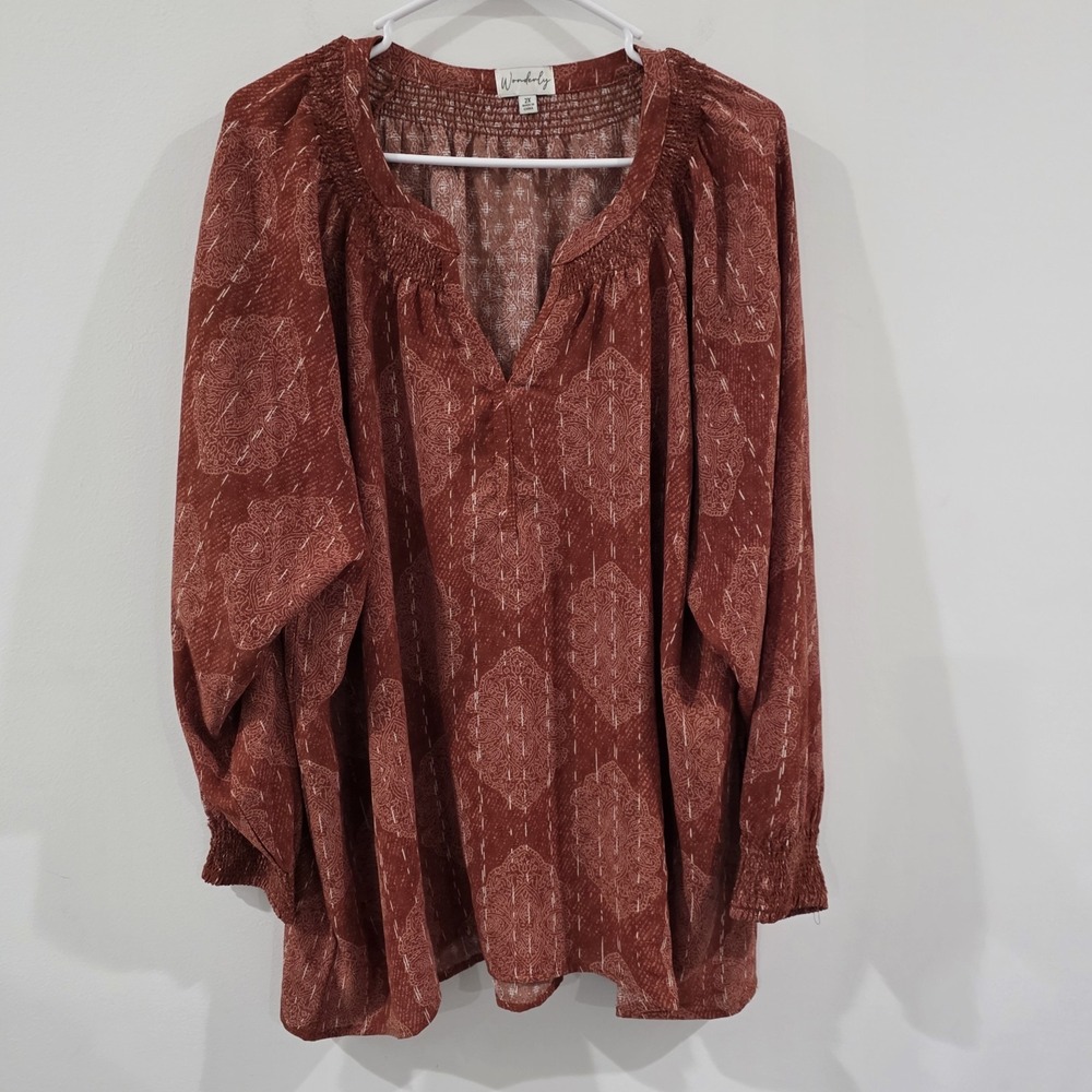 Wonderly Womens‎ Top Size 2X Smocked Boho Floral Peasant Medallion Floral
